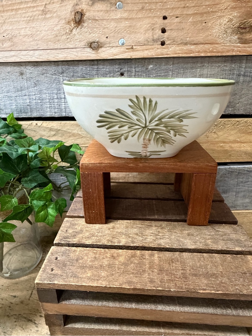 Set of 3 Gibson Design Palm Tree Square Ceramic Serving Bowls - Green and Cream